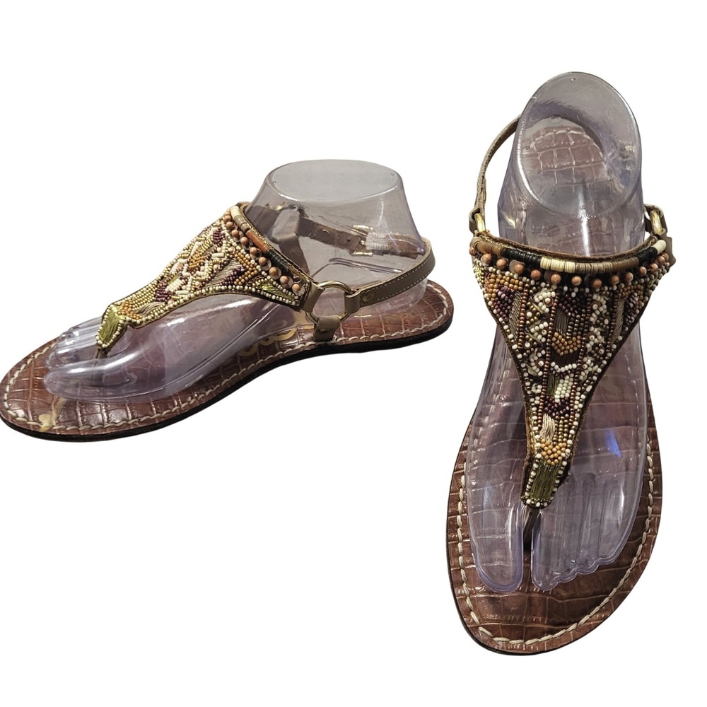 Sam Edelman Greta Beaded Thong Sandals Brown Croc Leather Womens 8.5 Boho Flat